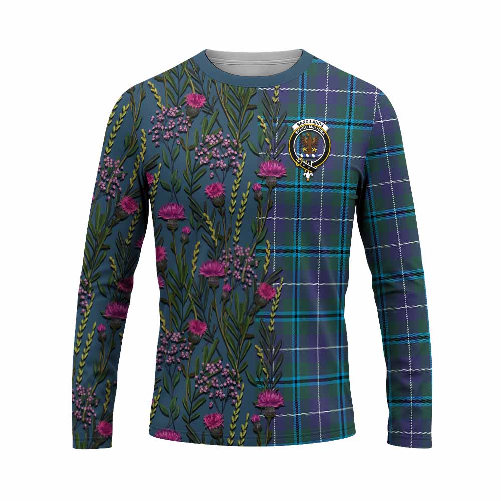 Sandilands Family Crest Tartan Long Sleeve T-Shirt Scottish Thistle Flower Pattern Half Style - Tartan Vibes Clothing