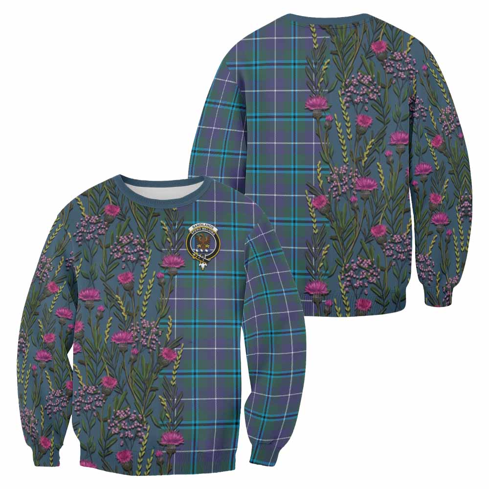 Sandilands Family Crest Tartan Sweatshirt Scottish Thistle Flower Pattern Half Style - Tartan Vibes Clothing