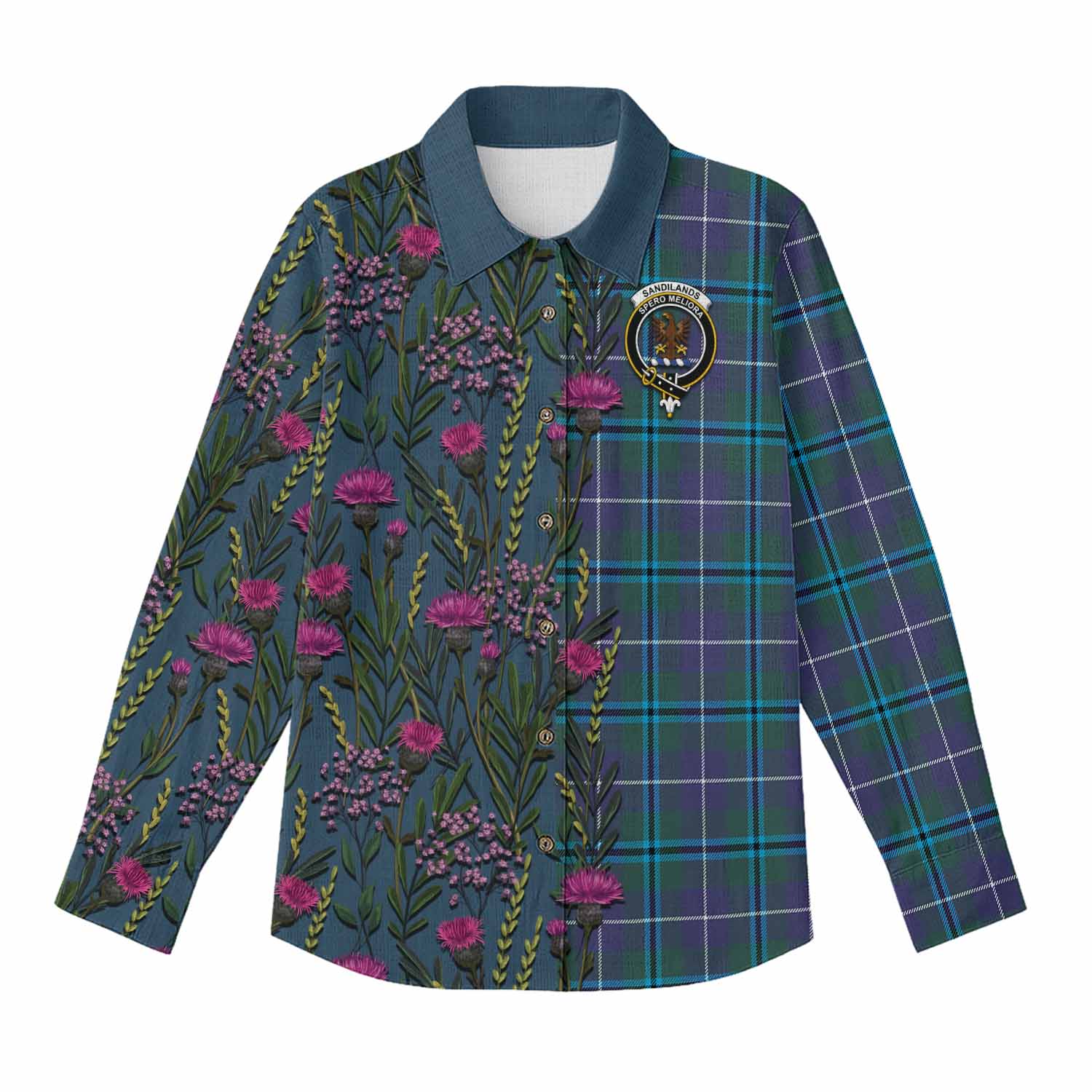 Sandilands Family Crest Tartan Women Casual Shirt Scottish Thistle Flower Pattern Half Style - Tartan Vibes Clothing