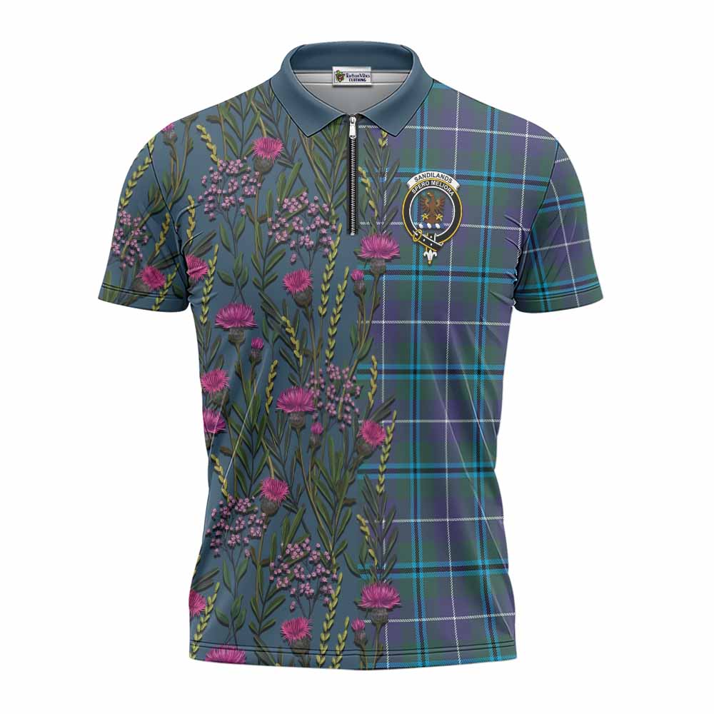 Sandilands Family Crest Tartan Zipper Polo Shirt Scottish Thistle Flower Pattern Half Style - Tartan Vibes Clothing