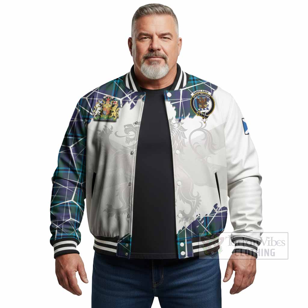 Sandilands Tartan Baseball Jacket with Family Crest and Lion Rampant Grunge Style