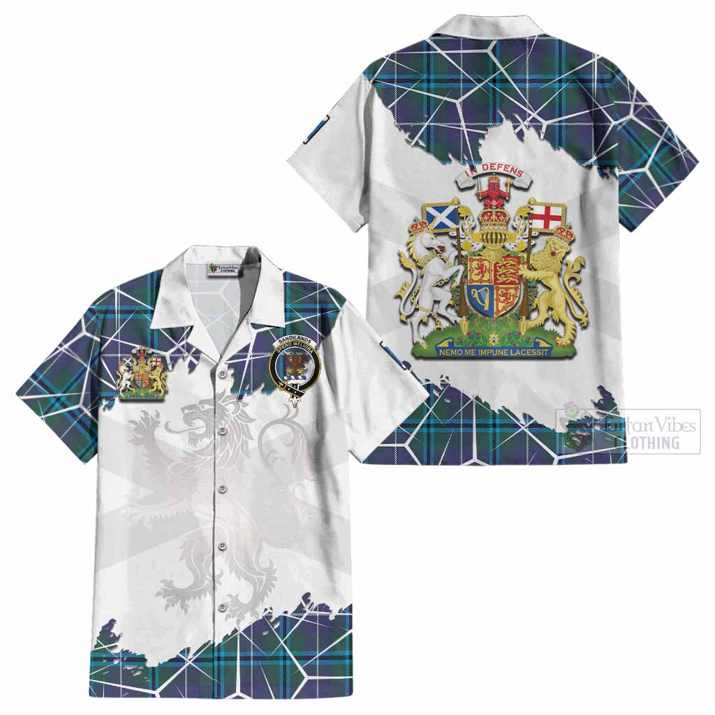 Sandilands Tartan Cotton Hawaiian Shirt with Family Crest and Lion Rampant Grunge Style