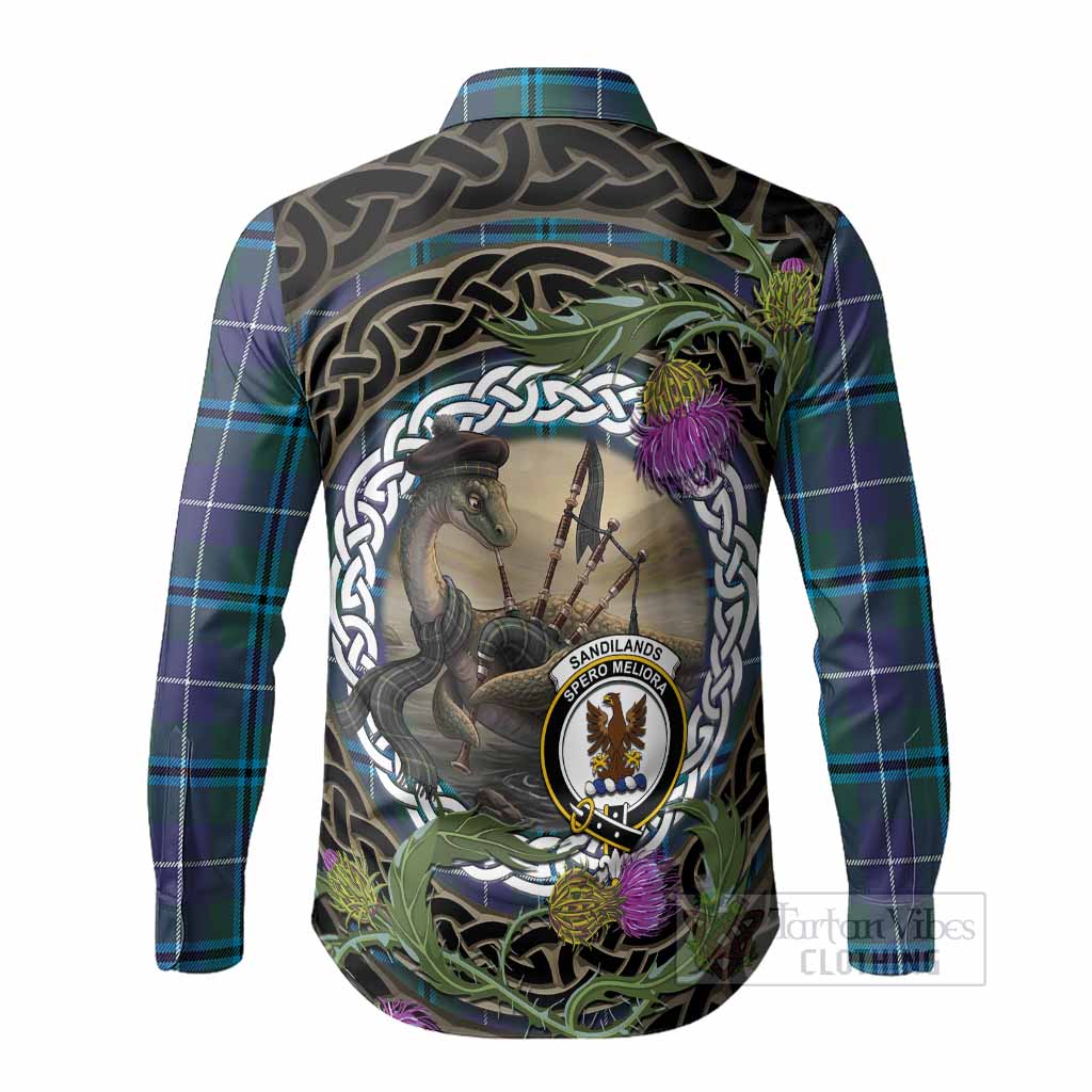 Sandilands Tartan Crest Bagpipe Nessie Long Sleeve Button Shirts Scottish Loch Ness Monster Celtic Thistle