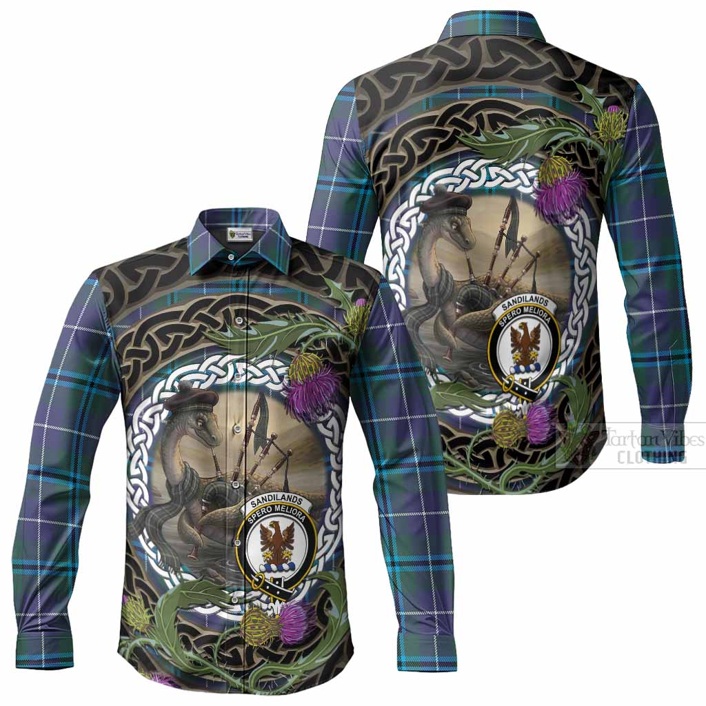 Sandilands Tartan Crest Bagpipe Nessie Long Sleeve Button Shirts Scottish Loch Ness Monster Celtic Thistle
