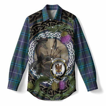Sandilands Tartan Crest Bagpipe Nessie Women Casual Shirt Scottish Loch Ness Monster Celtic Thistle