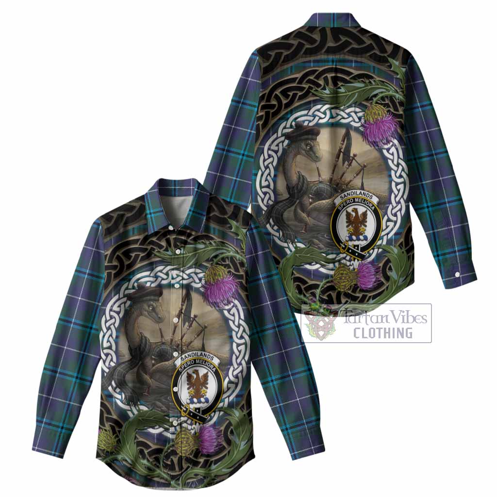 Sandilands Tartan Crest Bagpipe Nessie Women Casual Shirt Scottish Loch Ness Monster Celtic Thistle