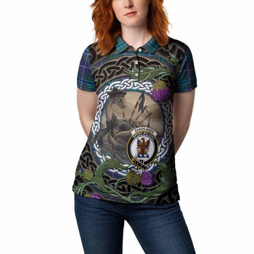 Sandilands Tartan Crest Bagpipe Nessie Women Polo Shirt Scottish Loch Ness Monster Celtic Thistle