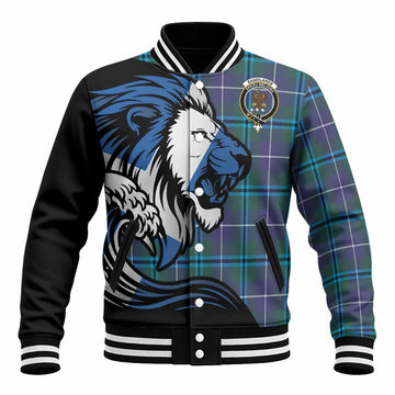 Sandilands Tartan Crest Baseball Jacket Scottish Golden Lions Wave Flow