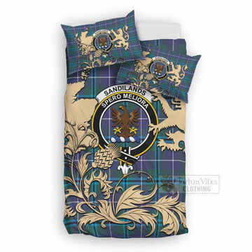 Sandilands Tartan Crest Bedding Set with Scottish Iconic Symbols 