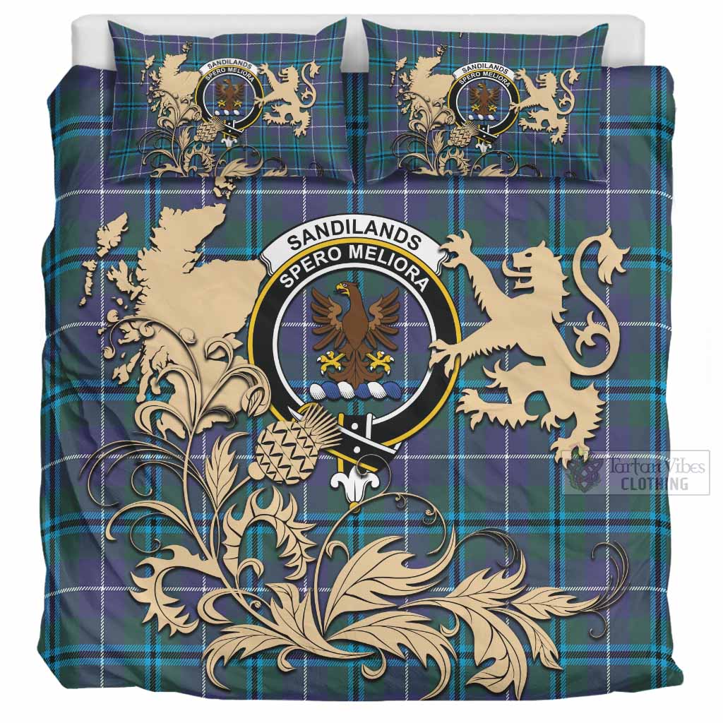 Sandilands Tartan Crest Bedding Set with Scottish Iconic Symbols 