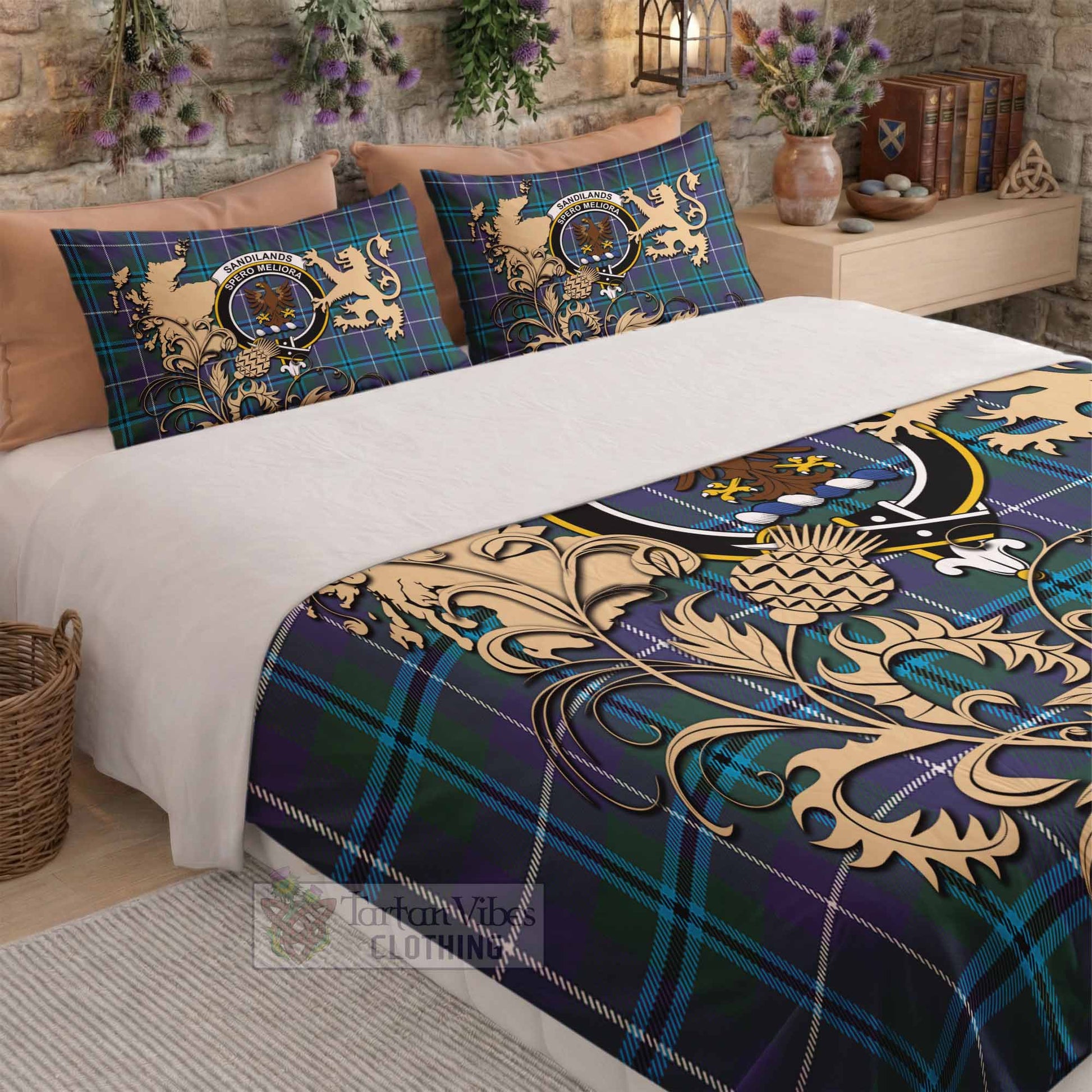 Sandilands Tartan Crest Bedding Set with Scottish Iconic Symbols 