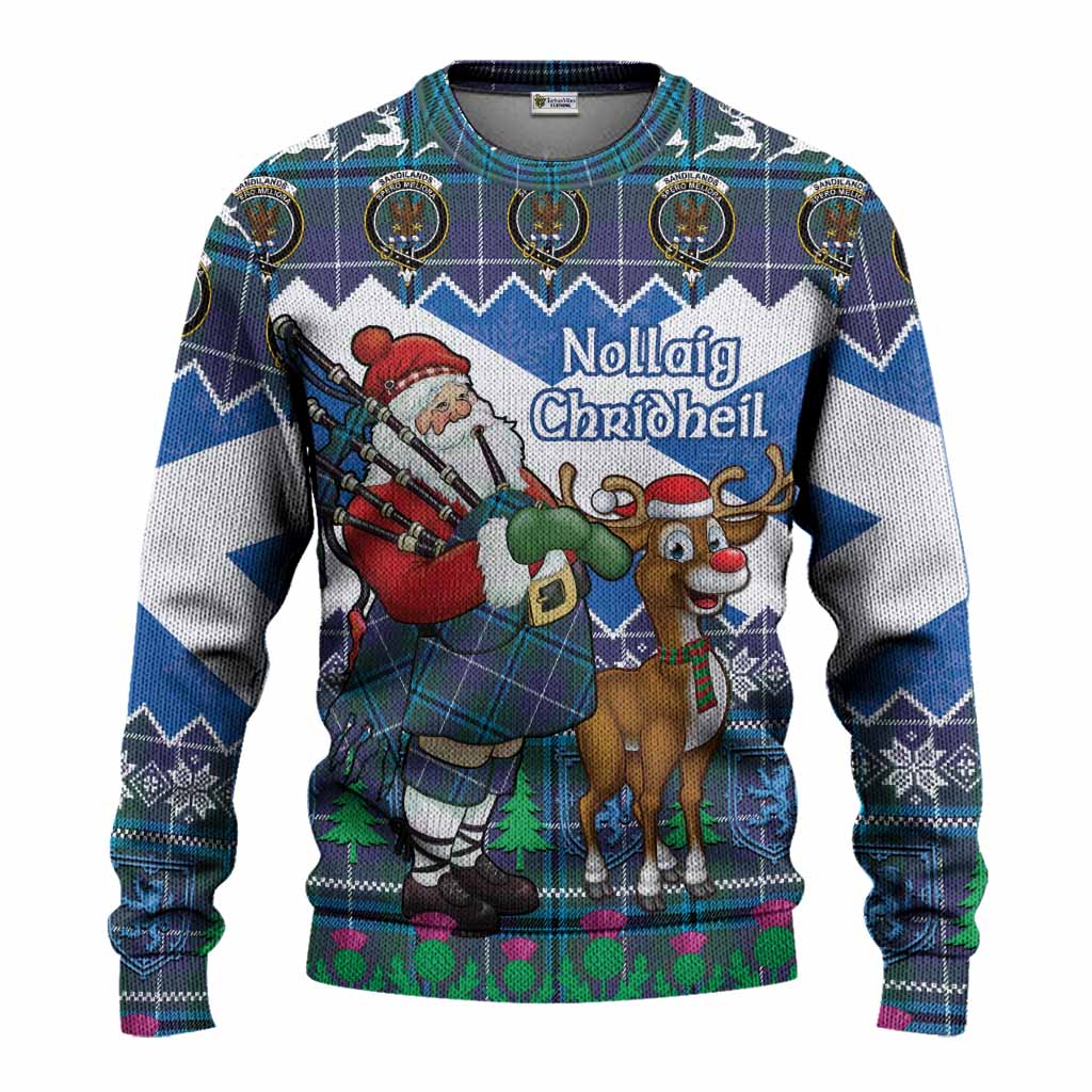 Sandilands Tartan Crest Christmas Christmas Ugly Sweater Scotland Santa With Bagpipes Cute Reindeer