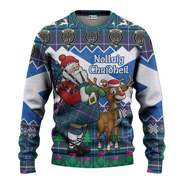 Sandilands Tartan Crest Christmas Christmas Ugly Sweater Scotland Santa With Bagpipes Cute Reindeer