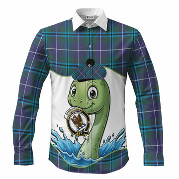 Sandilands Tartan Crest Cute Nessie Long Sleeve Button Shirts Scottish Loch Ness Monster