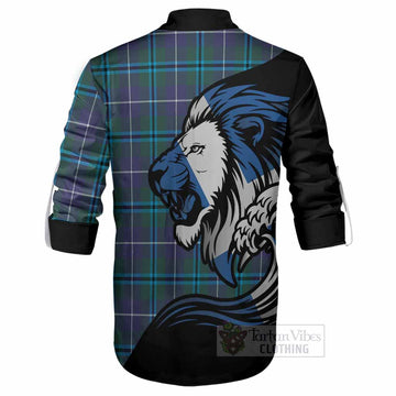 Sandilands Tartan Crest Ghillie Shirt Scottish Golden Lions Wave Flow