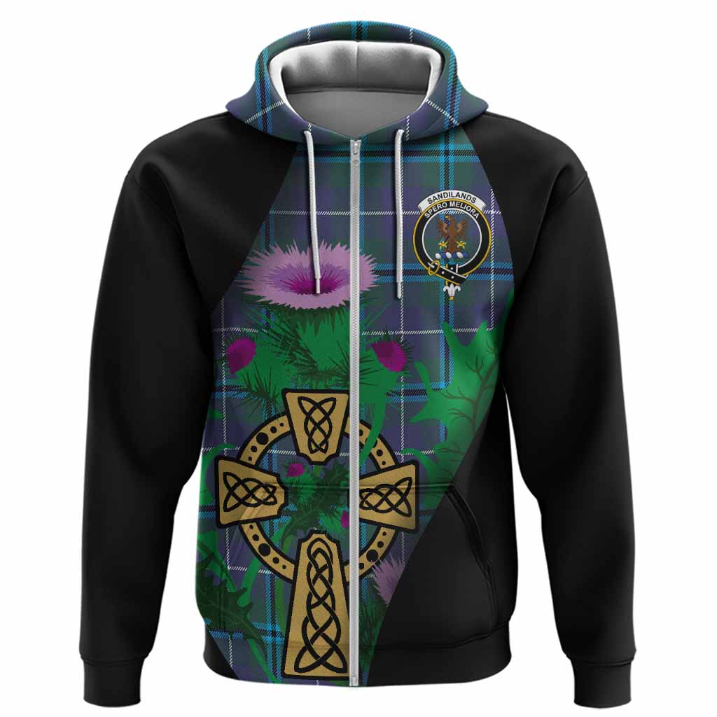 Sandilands Tartan Crest Hoodie Celtic Cross Thistle Flowers