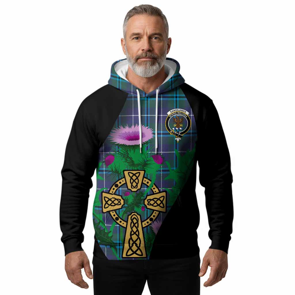 Sandilands Tartan Crest Hoodie Celtic Cross Thistle Flowers