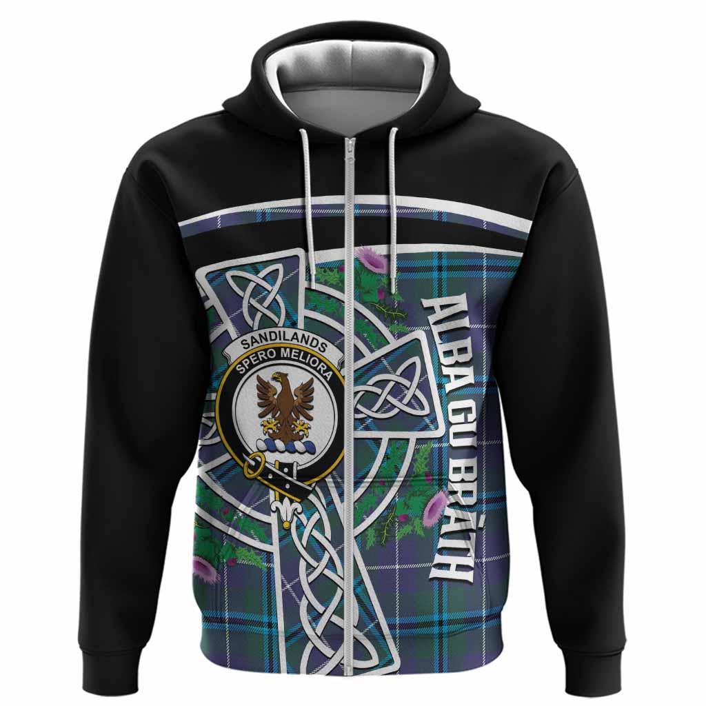 Sandilands Tartan Crest Hoodie Scottish Thistle Celtic Cross Alba Gu Brath