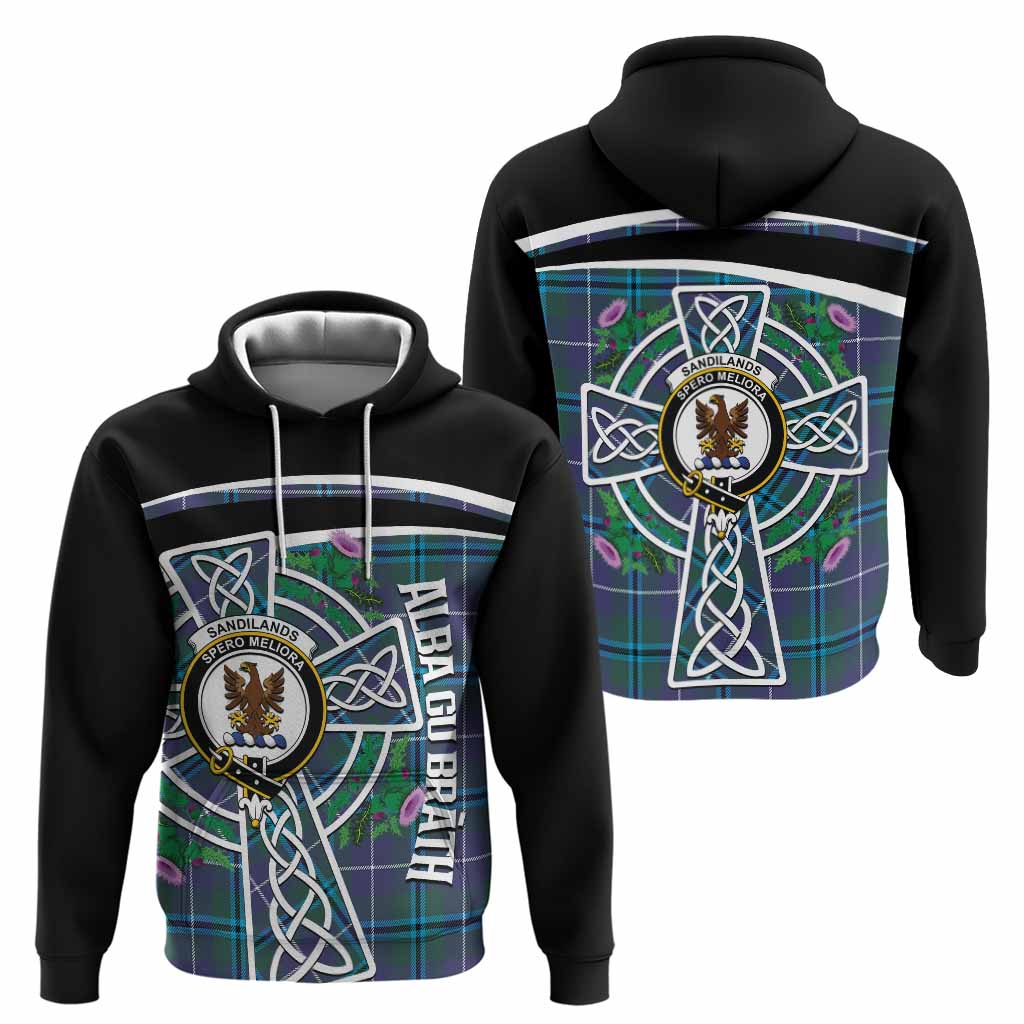 Sandilands Tartan Crest Hoodie Scottish Thistle Celtic Cross Alba Gu Brath