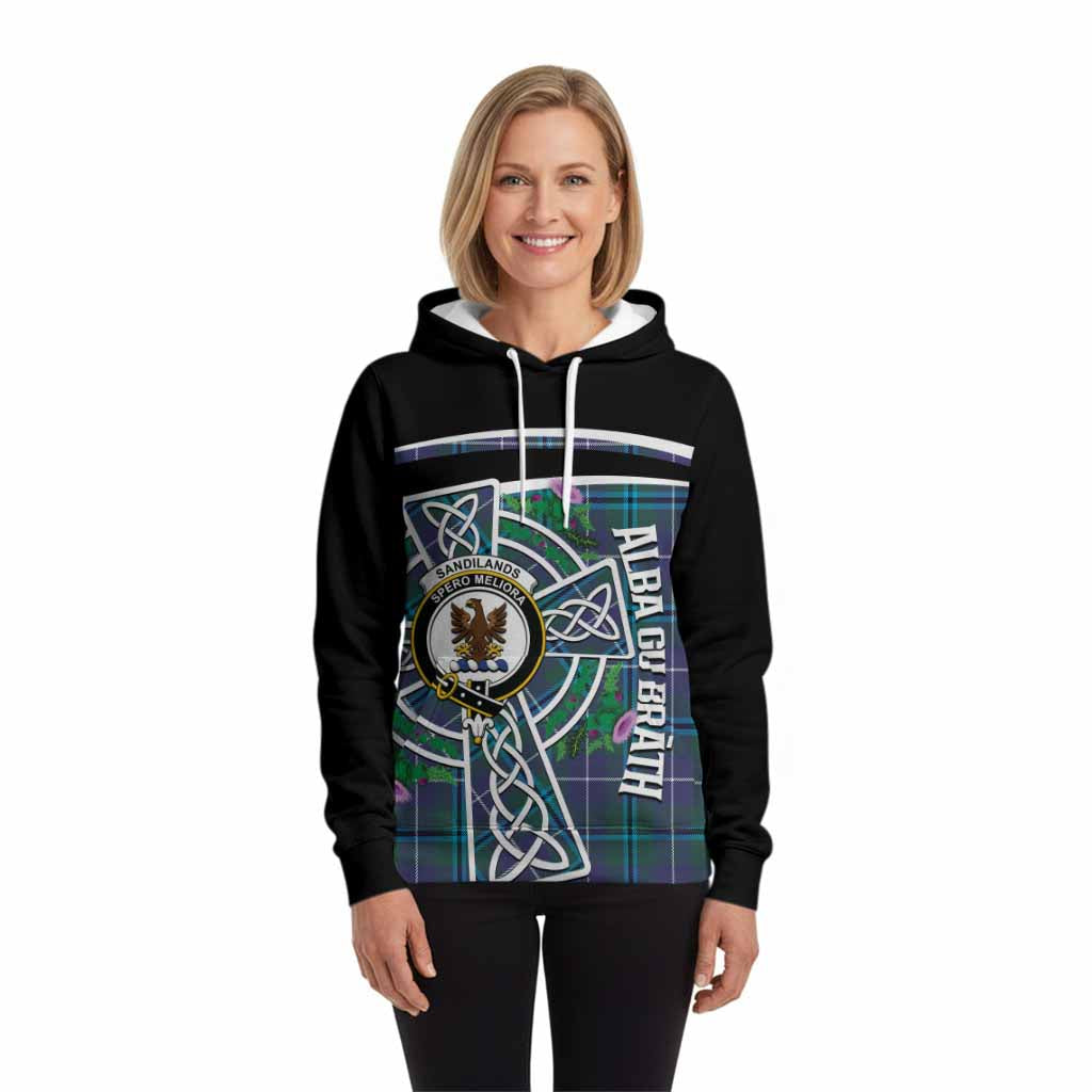 Sandilands Tartan Crest Hoodie Scottish Thistle Celtic Cross Alba Gu Brath