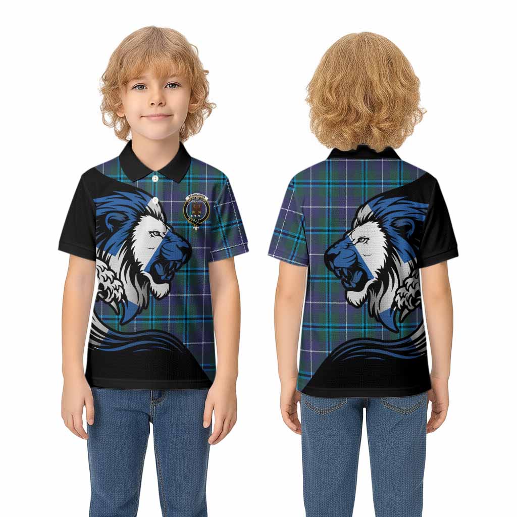 Sandilands Tartan Crest Kid Polo Shirt Scottish Golden Lions Wave Flow