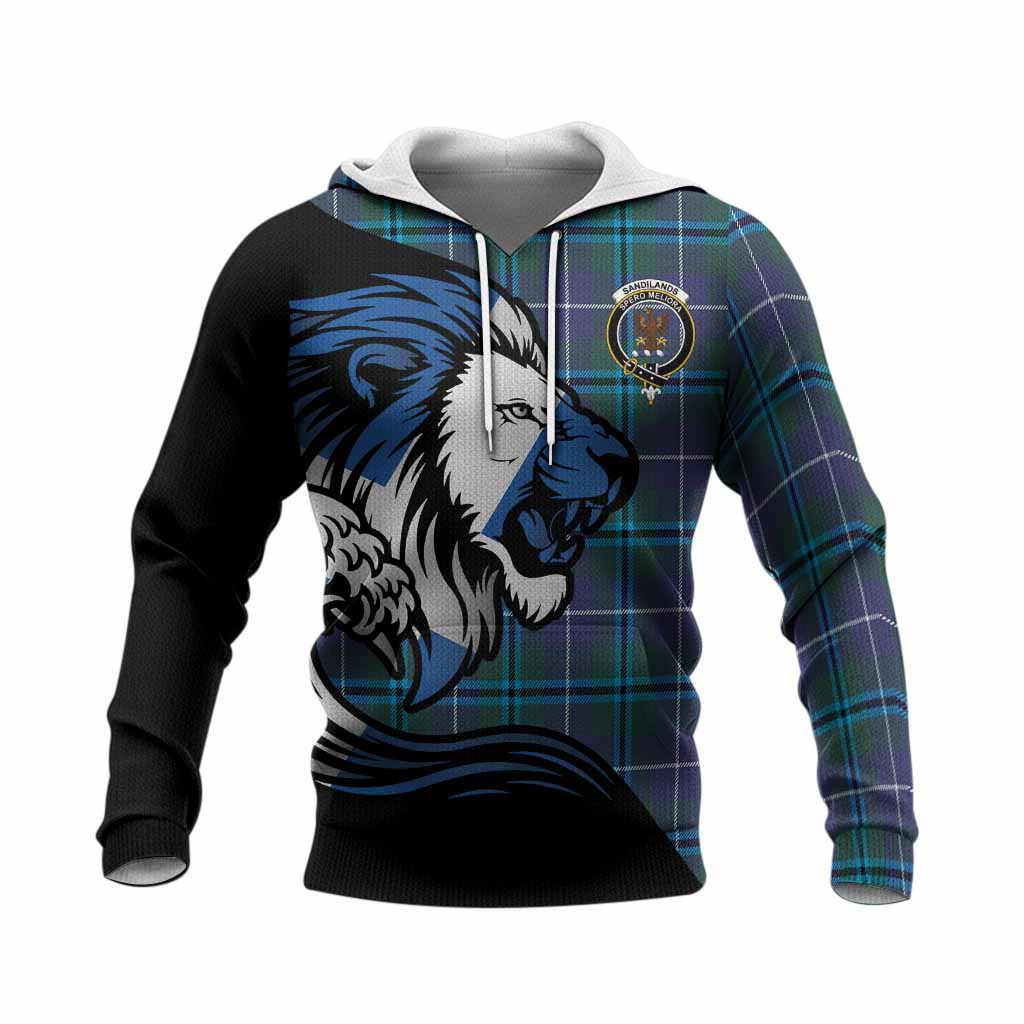 Sandilands Tartan Crest Knitted Hoodie Scottish Golden Lions Wave Flow