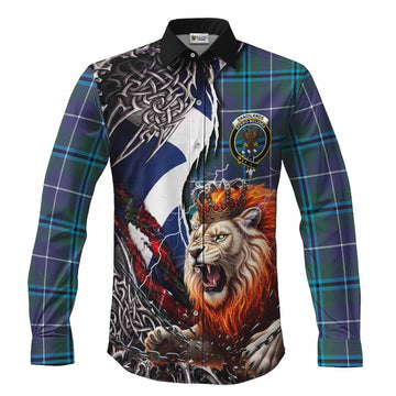 Sandilands Tartan Crest Long Sleeve Button Shirts Heritage Flag Grunge Celtic Knot and Lion Rampant