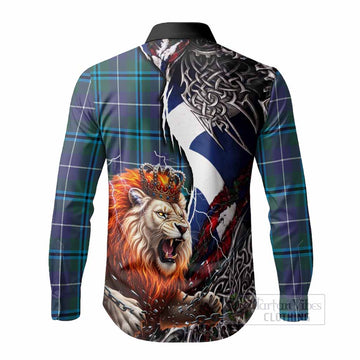 Sandilands Tartan Crest Long Sleeve Button Shirts Heritage Flag Grunge Celtic Knot and Lion Rampant