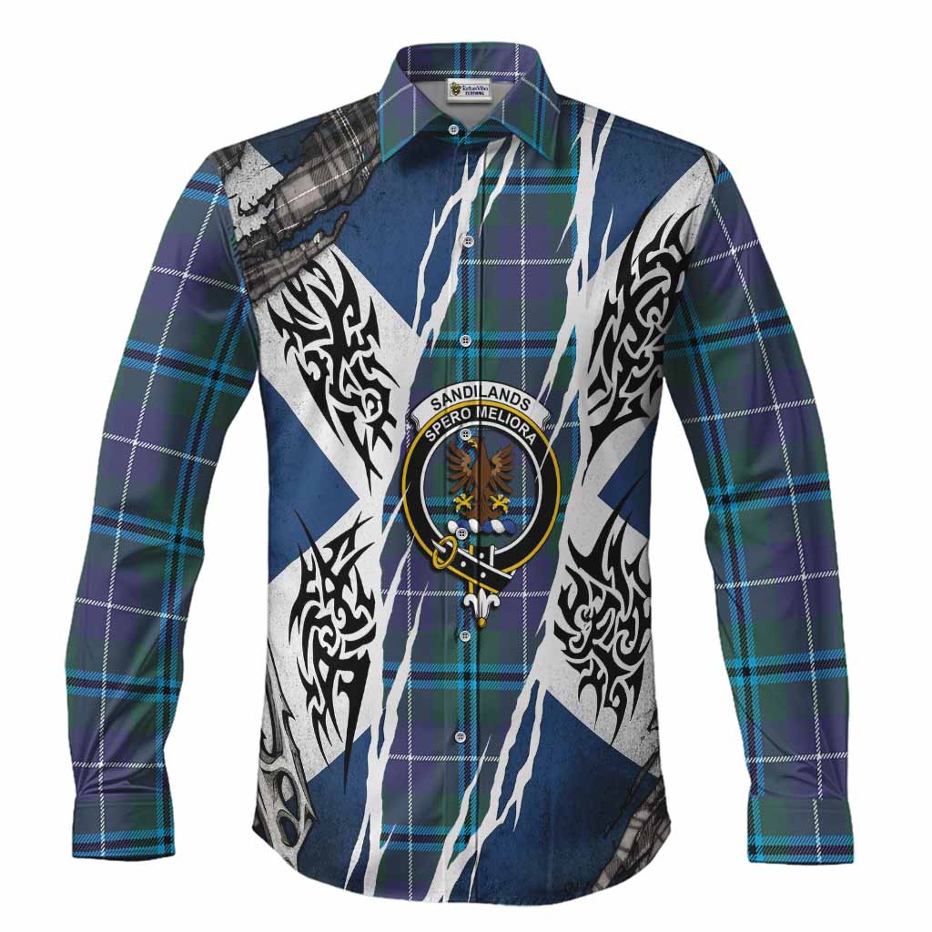Sandilands Tartan Crest Long Sleeve Button Shirts Scotland Flag Ripped Tribal Design