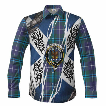 Sandilands Tartan Crest Long Sleeve Button Shirts Scotland Flag Ripped Tribal Design