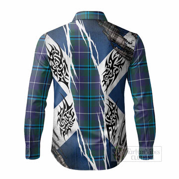 Sandilands Tartan Crest Long Sleeve Button Shirts Scotland Flag Ripped Tribal Design