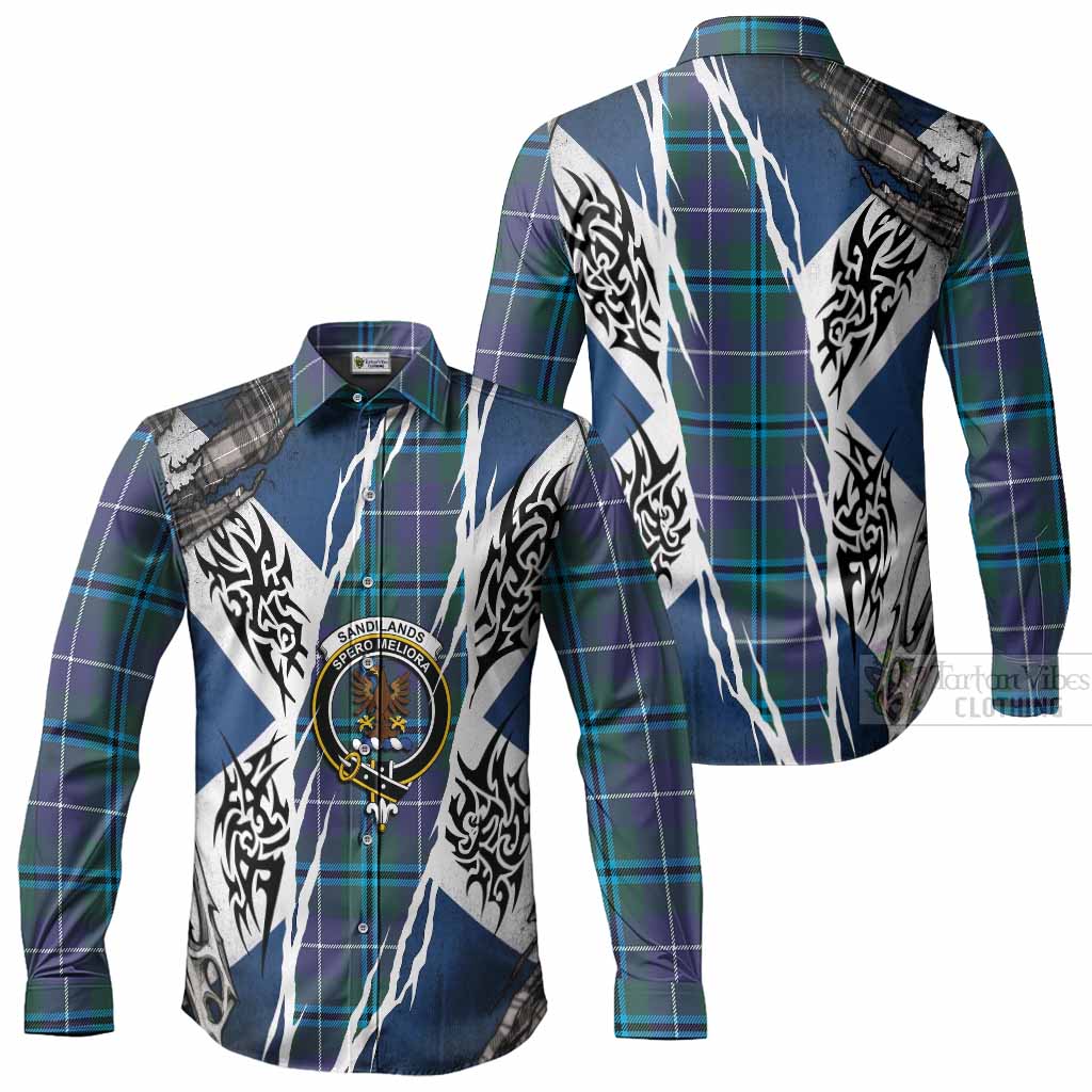 Sandilands Tartan Crest Long Sleeve Button Shirts Scotland Flag Ripped Tribal Design