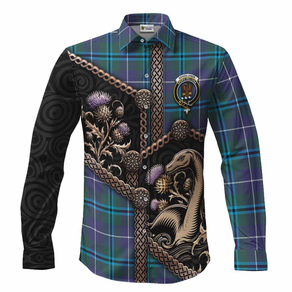 Sandilands Tartan Crest Long Sleeve Button Shirts Scottish Thistle Loch Ness Monster