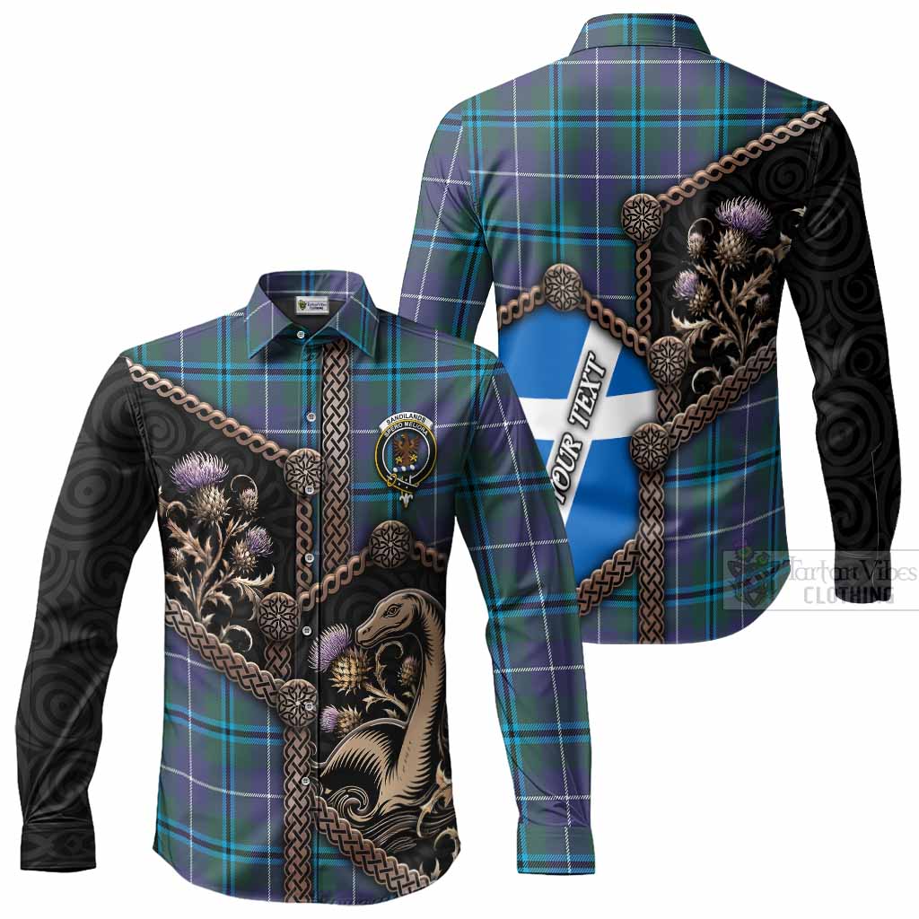 Sandilands Tartan Crest Long Sleeve Button Shirts Scottish Thistle Loch Ness Monster
