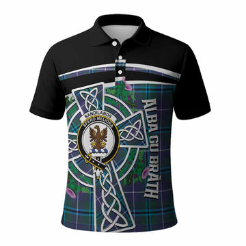 Sandilands Tartan Crest Polo Shirt Scottish Thistle Celtic Cross Alba Gu Brath