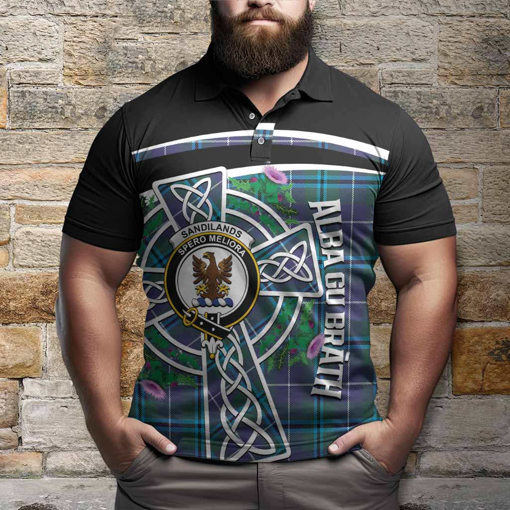 Sandilands Tartan Crest Polo Shirt Scottish Thistle Celtic Cross Alba Gu Brath