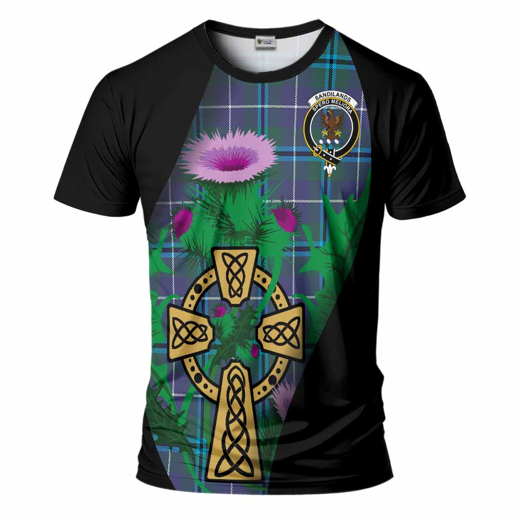 Sandilands Tartan Crest T-Shirt Celtic Cross Thistle Flowers