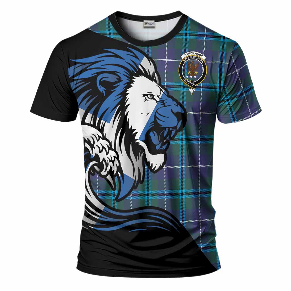 Sandilands Tartan Crest T-Shirt Scottish Golden Lions Wave Flow