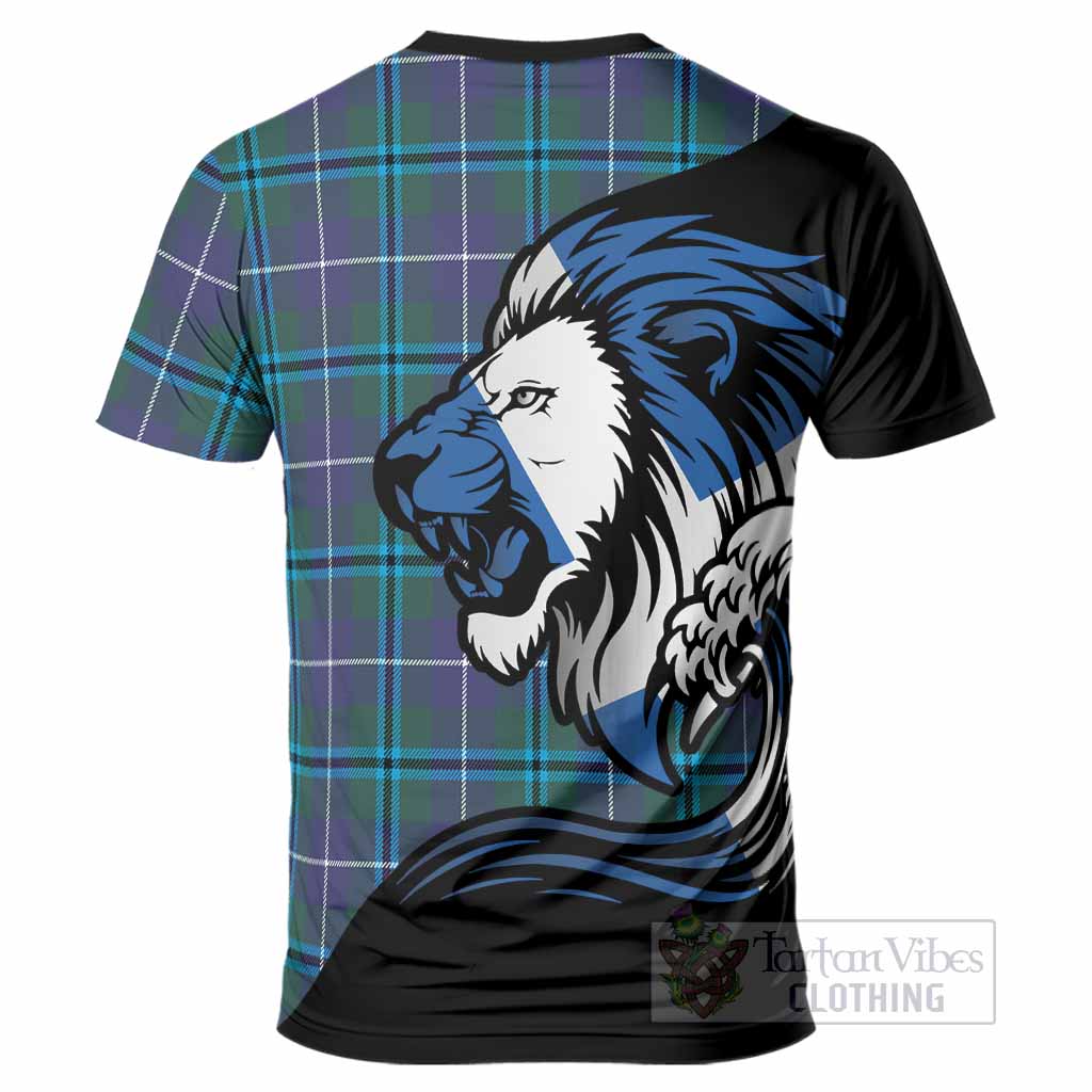 Sandilands Tartan Crest T-Shirt Scottish Golden Lions Wave Flow