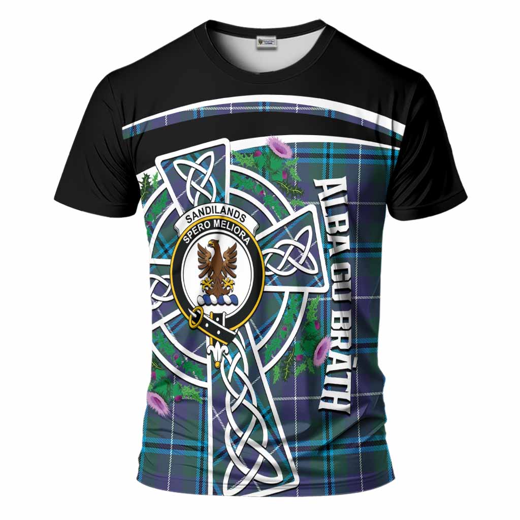 Sandilands Tartan Crest T-Shirt Scottish Thistle Celtic Cross Alba Gu Brath