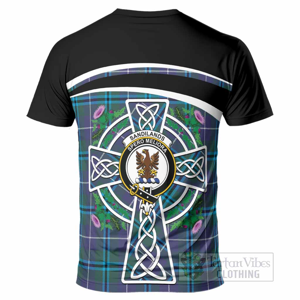 Sandilands Tartan Crest T-Shirt Scottish Thistle Celtic Cross Alba Gu Brath