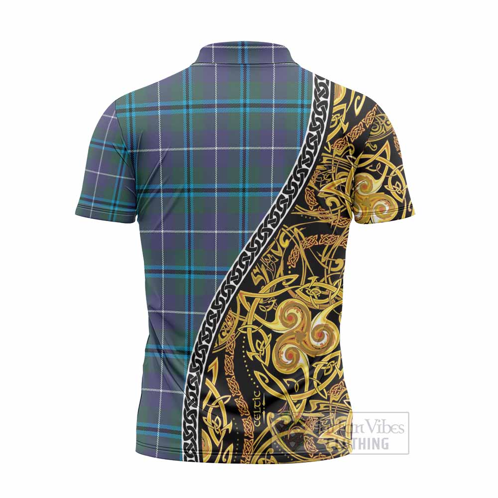 Sandilands Tartan Crest Zipper Polo Shirt Celtic Knot and Triple Trickle Spiral Symbols