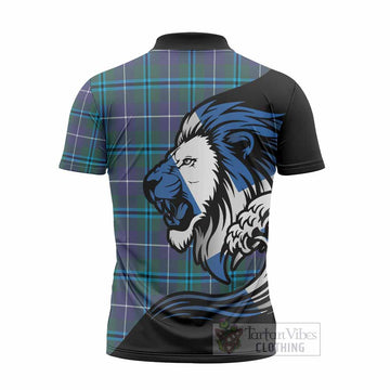 Sandilands Tartan Crest Zipper Polo Shirt Scottish Golden Lions Wave Flow