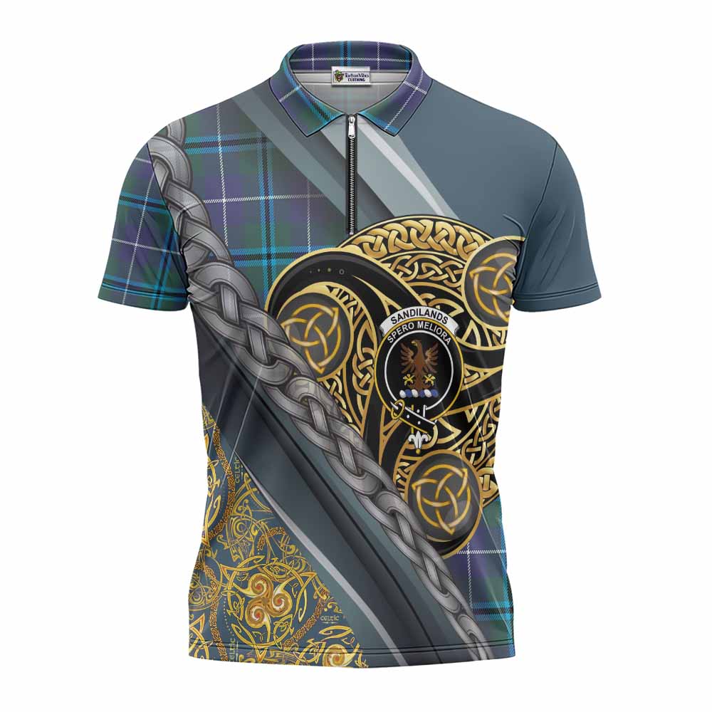 Sandilands Tartan Crest Zipper Polo Shirt Scottish Triskele Celtic
