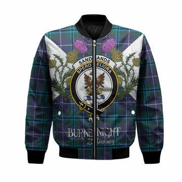 Sandilands Tartan Family Crest Bomber Jacket Scottish Burns Night Thistle Floral