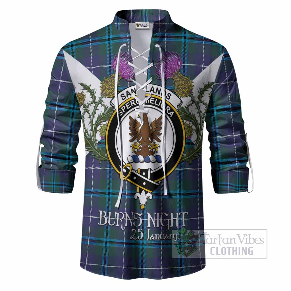 Sandilands Tartan Family Crest Ghillie Shirt Scottish Burns Night Thistle Floral