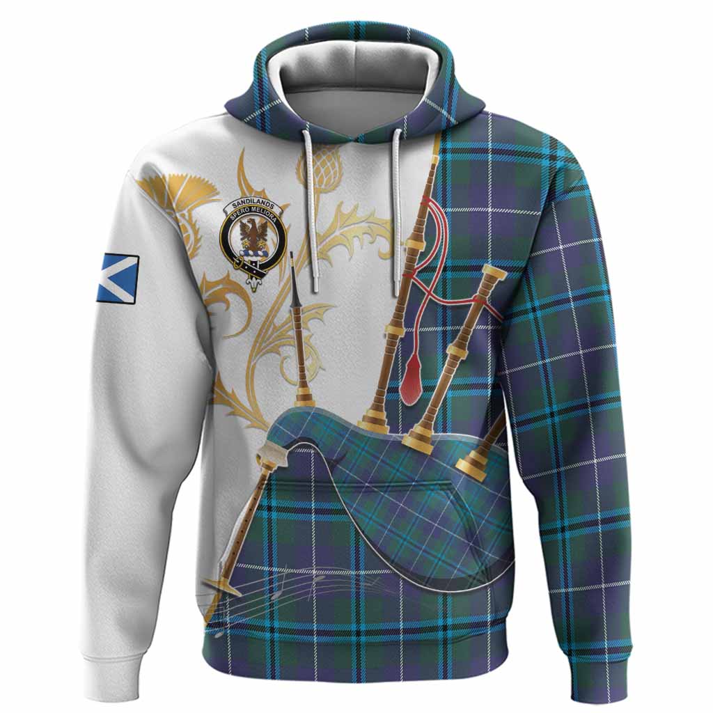 Sandilands Tartan Family Crest Hoodie Bagpipes with Scottish Thistle