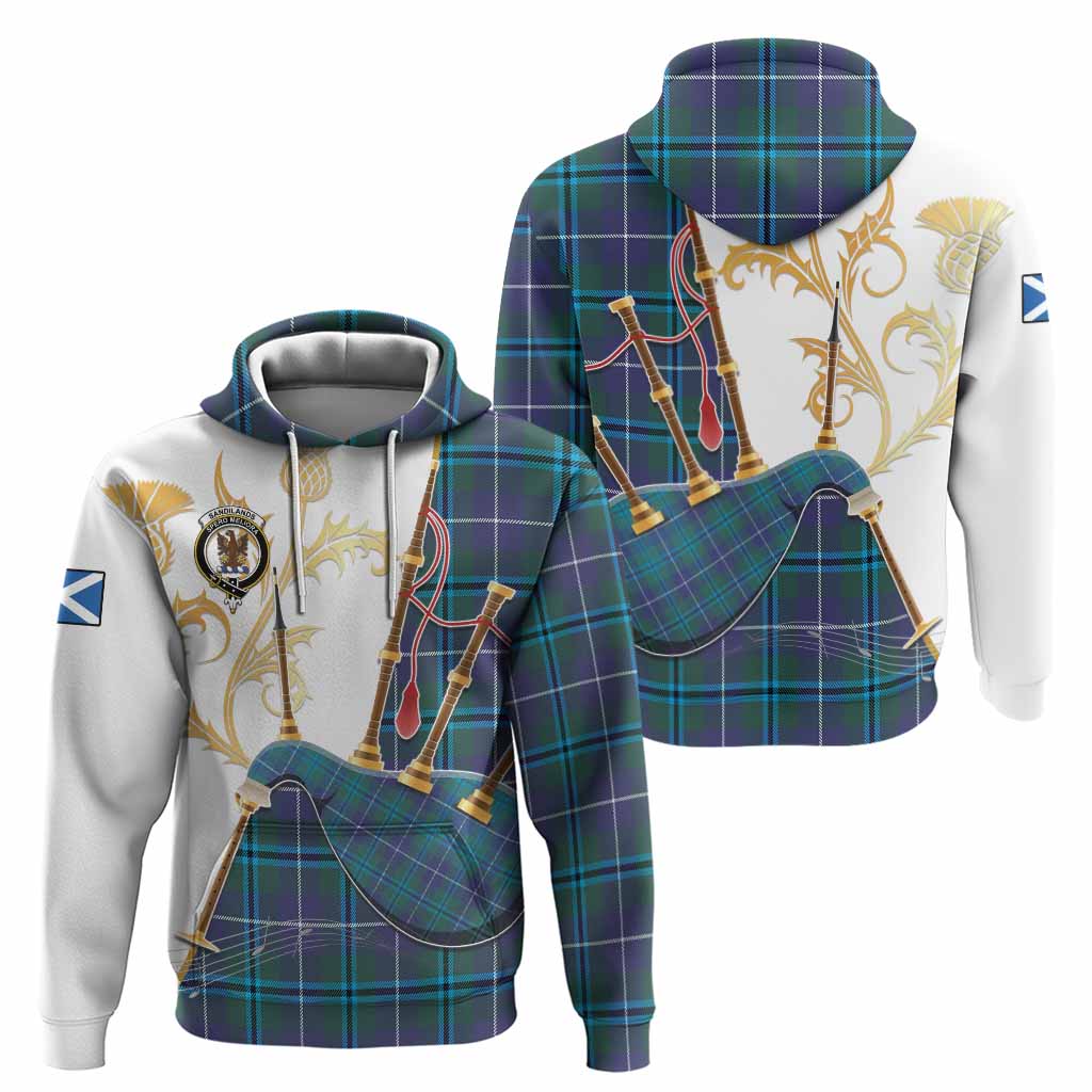 Sandilands Tartan Family Crest Hoodie Bagpipes with Scottish Thistle