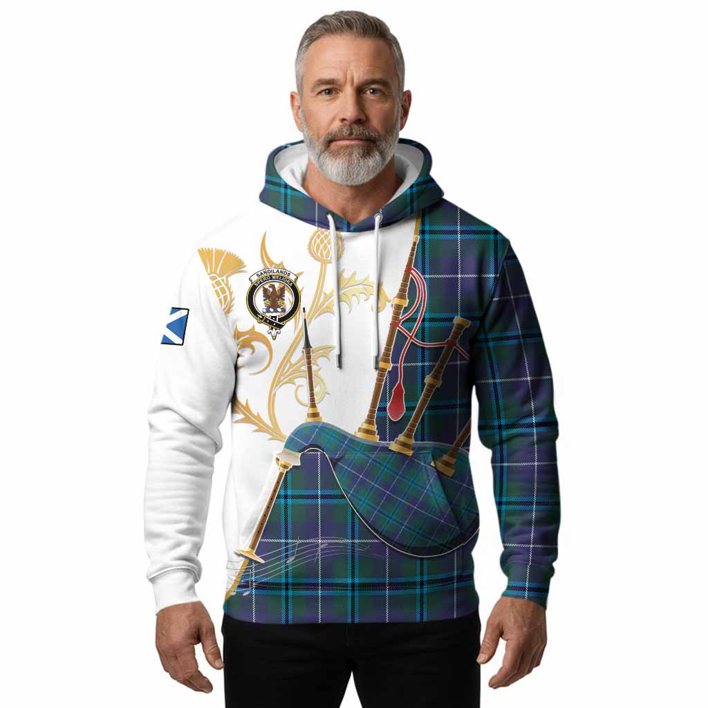 Sandilands Tartan Family Crest Hoodie Bagpipes with Scottish Thistle