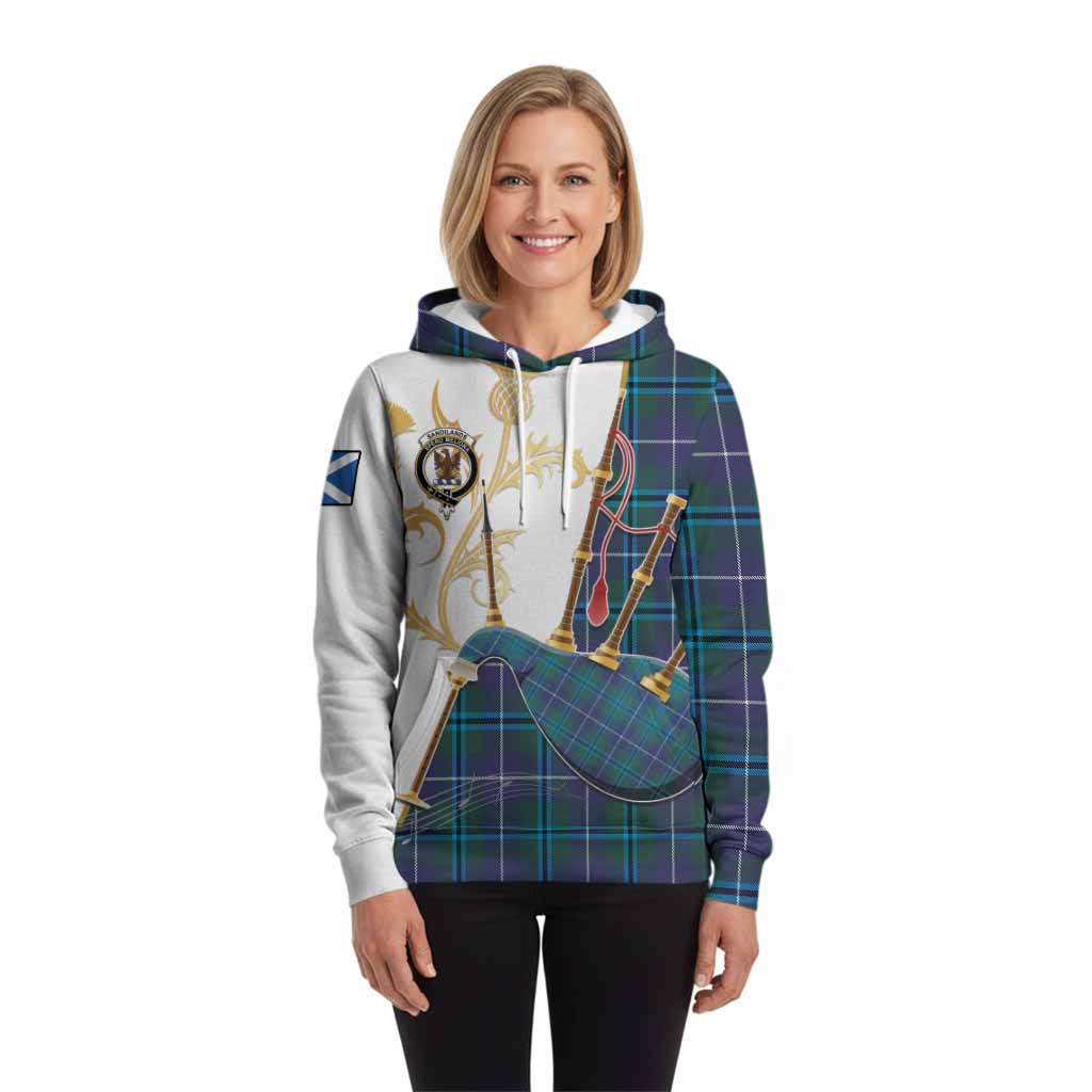Sandilands Tartan Family Crest Hoodie Bagpipes with Scottish Thistle
